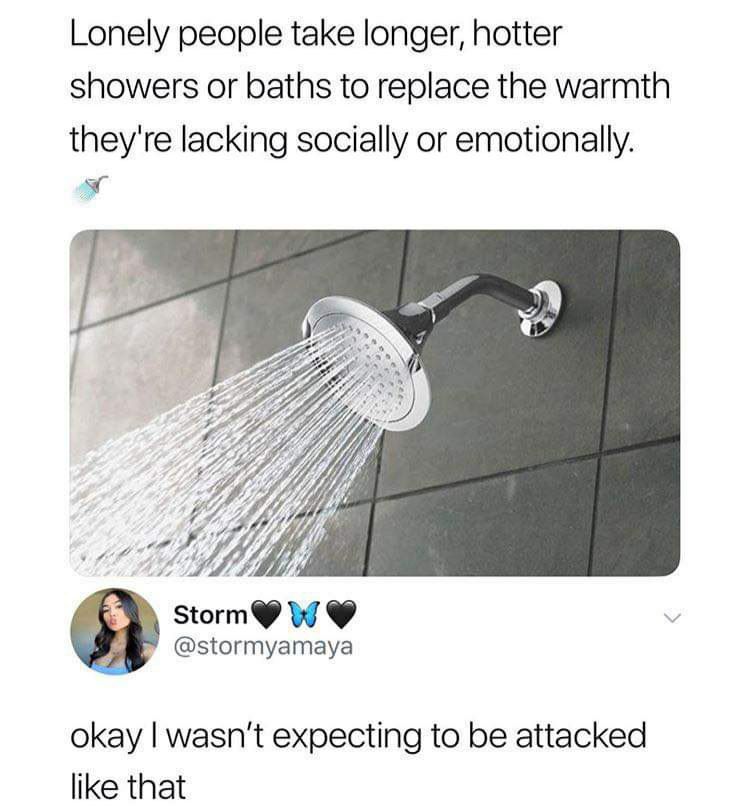 Lonely people take longer, hotter showers or baths to replace the warmth they're lacking socially or emotionally. @stormyamaya okay wasn't expecting to be attacked like that