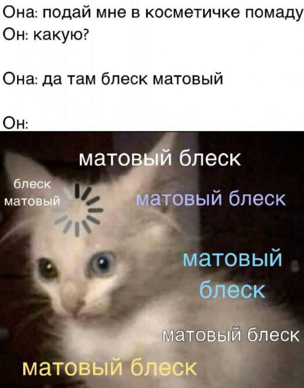 Она: подай мне в косметичке помаду Он: какую? Она: да там блеск матовый матов блеск мато блеск матовый олеск BIN блеск MaTOBE