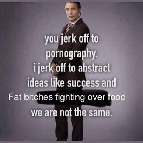 you jerk off to pornography. off to abstract ideas like success and Fat bitches fighting over food we are not the same.