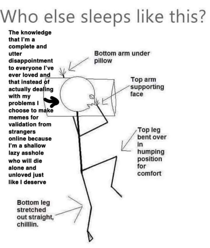 Who else sleeps like this? The knowledge а complete and utter Bottom arm under disappointment pillow to everyone I've ever loved and that instead of Top arm actually dealing supporting with my face pr