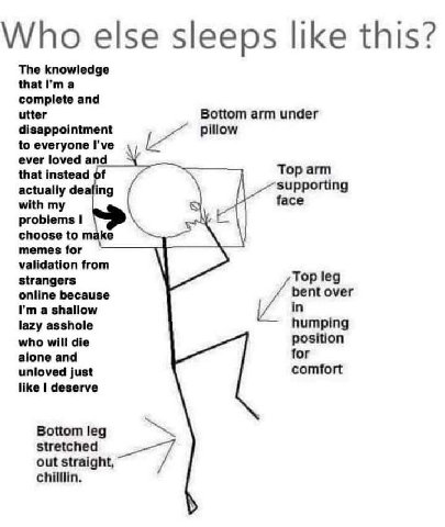 Who else sleeps like this? The knowledge а complete and utter Bottom arm under disappointment pillow to everyone I've ever loved and that instead of Top arm actually dealing supporting with my face pr