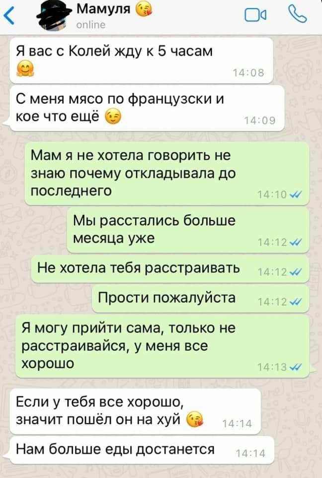 (9 Мамуля Я вас с Колей жду к 5 часам С меня мясо NO французски и кое что ещё Мам я не хотела говорить не знаю почему откладывала до последнего Мы расстались больше месяца уже Не хотела тебя расстраив
