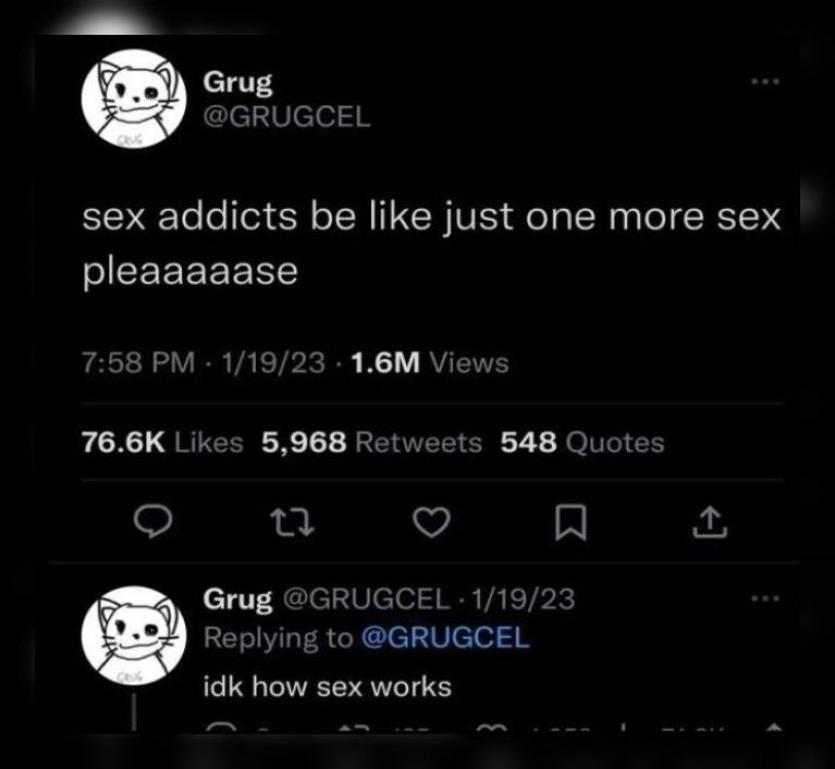 о Grug @GRUGCEL sex addicts be like just one more sex pleaaaaase 7:58 1/19/23 Views Likes 5,968 Retweets 548 Quotes Grug @GRUGCEL 1/19/23 Replying to @GRUGCEL idk how sex works