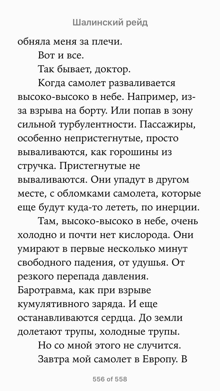 Шалинский рейд обняла меня за плечи. Вот и все. Так бывает, доктор. Когда самолет разваливается высоко-высоко в небе. Например, из- за взрыва на борту. Или попав в зону сильной турбулентности. Пассажи