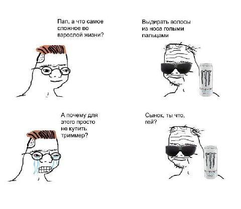 Пап, а что самое Выдирать волосы сложное во из носа голыми взрослой жизни? пальцами Сынок, ты что, А почему для этого просто гей? не купить триммер?