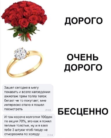 ДОРОГО ОЧЕНЬ ДОРОГО Зашел сегодня в мегу похавать и возле калзедонии ажиотаж прям толпа телок бегает че то покупает, мне интересно стало я пошел посмотреть БЕСЦЕННО И там короче колготки по акции 70%,