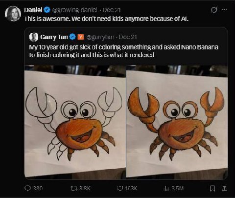 i Daniel This is awesome. We dont need kids апутоге because of [8 бану Tan My 10 yeai old got sick of something and азкеа Nano Banana finish coloring it and this is what it rendered