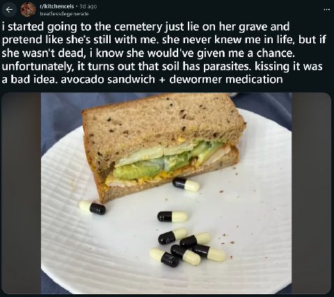 r/kitchencels ago i started going to the cemetery just lie on her grave and pretend like she's still with me. she never knew me in life, but if she wasn't dead, i know she would've given me a chance. 
