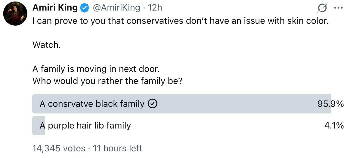 Amiri King can prove to you that conservatives don't have an issue with skin color. Watch. A family is moving in next door. Who would you rather the family be? A consrvatve black family 95.9% A purple