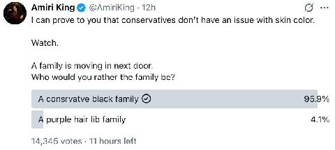 Amiri King can prove to you that conservatives don't have an issue with skin color. Watch. A family is moving in next door. Who would you rather the family be? A consrvatve black family 95.9% A purple