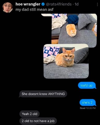 hoe wrangler @rats4friends my dad still mean asf She doesnt know ANYTHING Read Yeah 2 old 2 old to not have a job