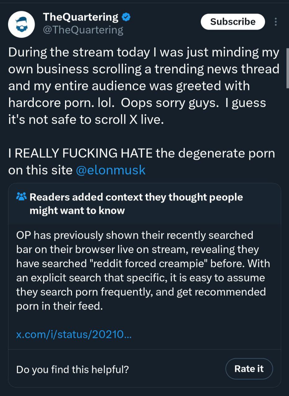 9 TheQuartering During the stream today was Just minding my own business scrolling a trending news thread and my entire audience was greeted with hardcore porn. lol. Oops sorry guys. it's not safe to 