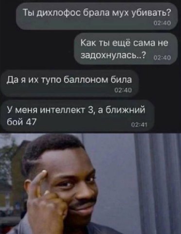 Ты дихлофос брала мух убивать? 02:40 Как ты ещё сама не задохнулась..? 92-40 Да я тупо баллоном била 02:40 У меня интеллект 3, а ближний бой 47 02:41
