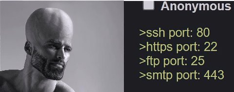 >ssh port: 80 >https port: 22 >ftp port: 25 >smip port: 443