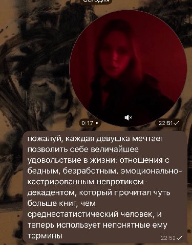 0:17 пожалуй, каждая девушка мечтает позволить себе величайшее удовольствие в жизни: отношения с бедным, безработным, эмоционально- кастрированным невротиком- декадентом, который прочитал чуть больше 