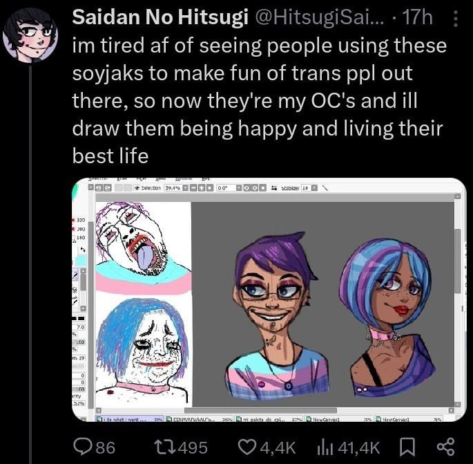 Hitsugi tired of seeing people using these soyjaks to make fun of trans ppl out there, so now they're my OC's and ill draw them being happy and living their best life о 70 у