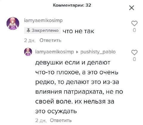 Комментарии: 32 iamyaemikosimp Закреплено что не так 2 Ответить iamyaemikosimp pushisty_pablo девушки если и делают что-то плохое, а это очень редко, то делают это из-за влияния патриархата, не по сво