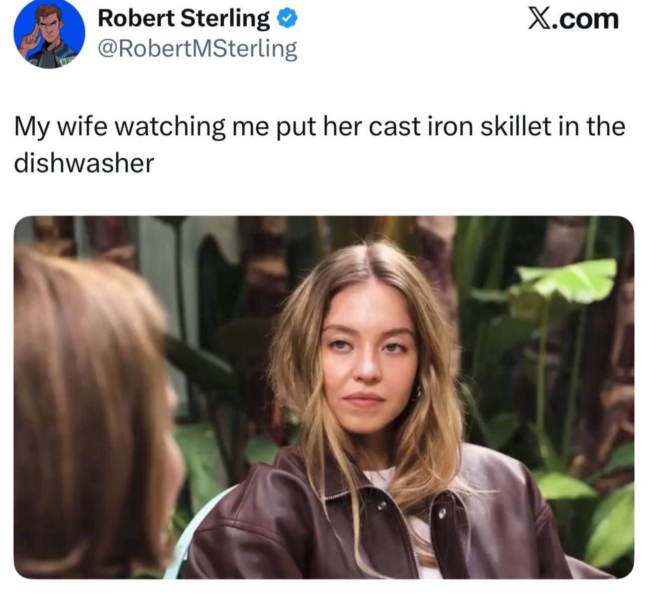 Robert Sterling X.com @RobertMSterling My wife watching me put her cast iron skillet in the dishwasher 4