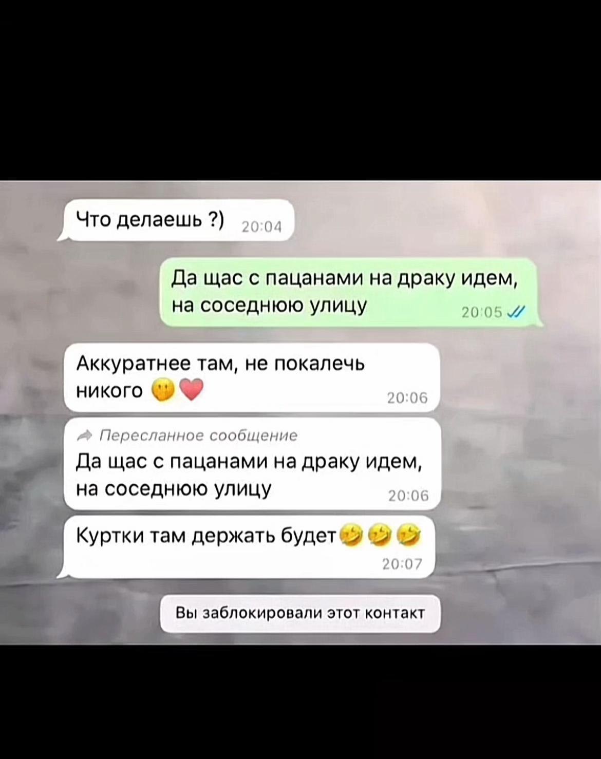 Что делаешь Да щас с пацанами на драку идем, на соседнюю улицу и Аккуратнее там, не покалечь НИКОГО Да щас с пацанами на драку идем, на соседнюю улицу Куртки там держать 15 Вы заблокировали этот конта