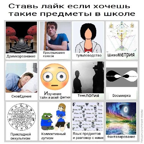 Ставь лайк если хочеишиь такие предметы в школе Прослушивание Дримкорознание голосов тульповодство pus i СновЕдение Изучение Тенелогия Восьмерка тайн и всей фигни «А Инта. 52 53 One, Ясень, 60 39 Отче