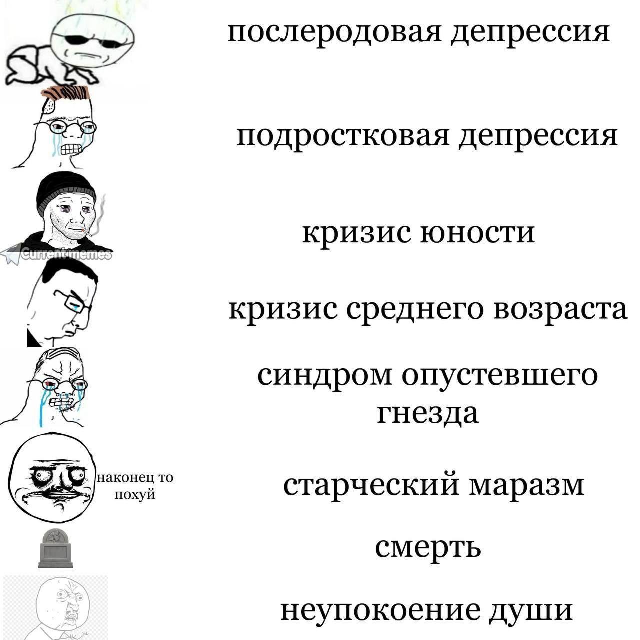послеродовая депрессия подростковая депрессия кризис юности кризис среднего возраста fry синдром опустевшего гнезда наконец TO похуй старческий маразм смерть неупокоение души