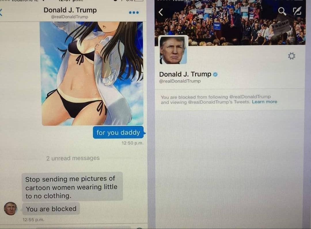 Stop sending me pictures of cartoon women wearing little to no clothing. You are blocked 12:55