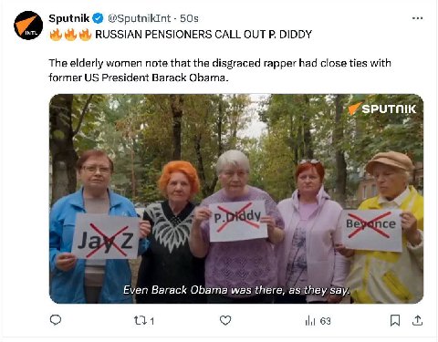 Sputnik RUSSIAN PENSIONERS CALL OUT DIDDY The elderly women note that the disgraced rapper had close ties with former President Barack Obama. we we SPUTNIK я ake Even Barack Obama was there, say: 63 A