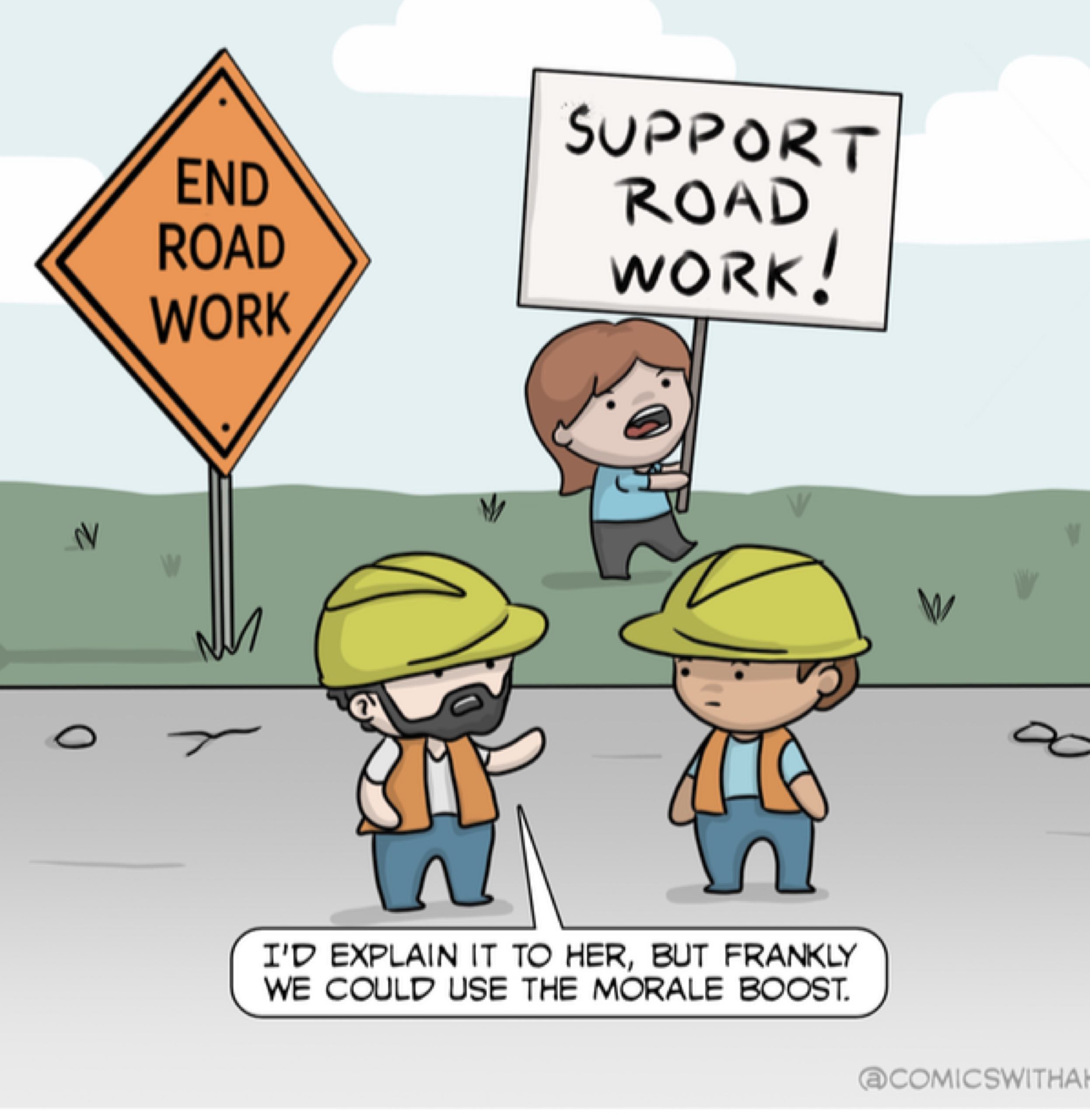 SUPPORT ROAD 42) EXPLAIN IT TO HER, BUT FRANKLY WE COULD USE THE MORALE BOOST. (@COMICSWITHAI