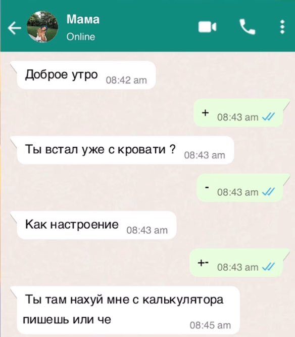 Online Доброе утро 08:42 08:43 встал уже с кровати 08:43 Как настроение 08:43 Ты там нахуй мне с калькулятора пишешь или че 08:45