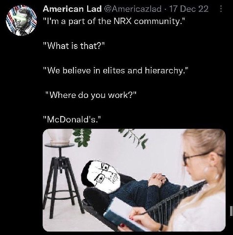 American Lad "lim а part of the NRX community.’ у "What is that?" "We Бейеуе in elites and hierarchy.’ "Where you work?" К at 1