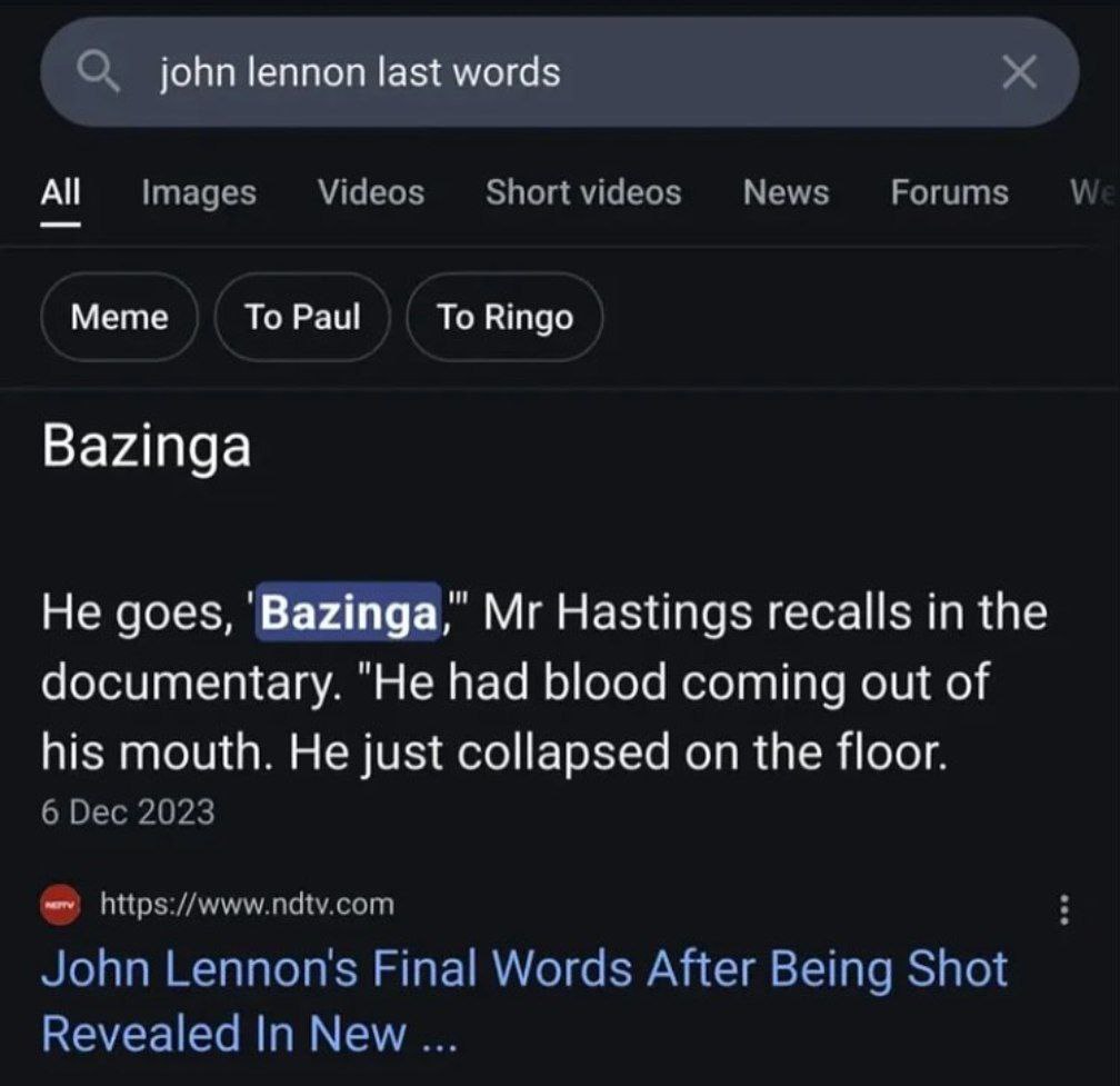 john lennon last words All Meme To Paul To Ringo Bazinga He goes, Hastings recalls in the documentary. "Не had blood coming out of his mouth. He just collapsed on the floor.