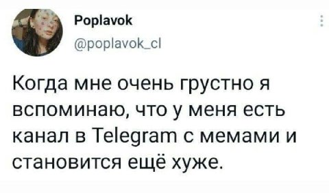 Poplavok @poplavok_cl Когда мне очень грустно A вспоминаю, что у меня есть канал в Telegram с мемами и становится ещё хуже.
