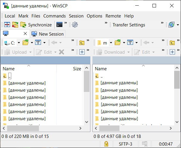 [данные удалены] WinSCP О Local Mark Files Commands Session Options Remote Help Synchronize Transfer Settings У New Session Мате Size Мате [данные удалены] [данные удалены] [данные удалены] [данные уд