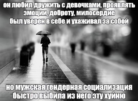 любил дружить С девочками, эмоций! доброту, был уверенв себеи ухаживал за собой |3 мужская гендерная социализация быстротвыбила из него эту хуйню