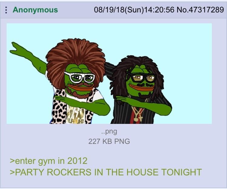 Anonymous 08/19/18(Sun)14:20:56 No.47317289 ..png 227 PNG >enter gym in 2012 >PARTY ROCKERS IN THE HOUSE TONIGHT
