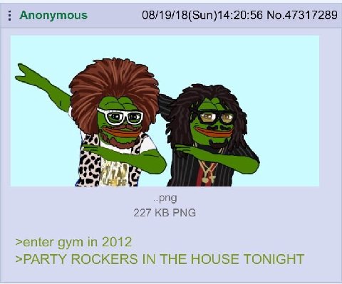 Anonymous 08/19/18(Sun)14:20:56 No.47317289 ..png 227 PNG >enter gym in 2012 >PARTY ROCKERS IN THE HOUSE TONIGHT