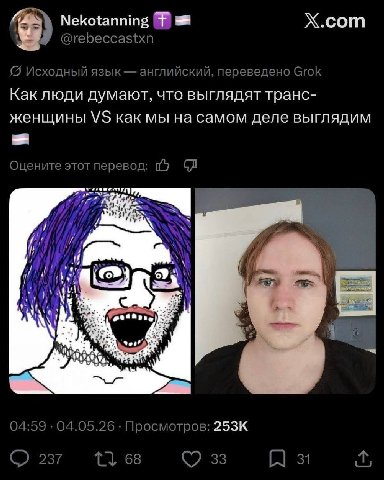 Nekotanning Х.сот @rebeccastxn {5 Исходный язык английский, переведено Grok Как люди думают, что выглядят транс- женщины как мы на самом деле выглядим Оцените этот перевод: SAN в he 04:59 04.05.26 Про