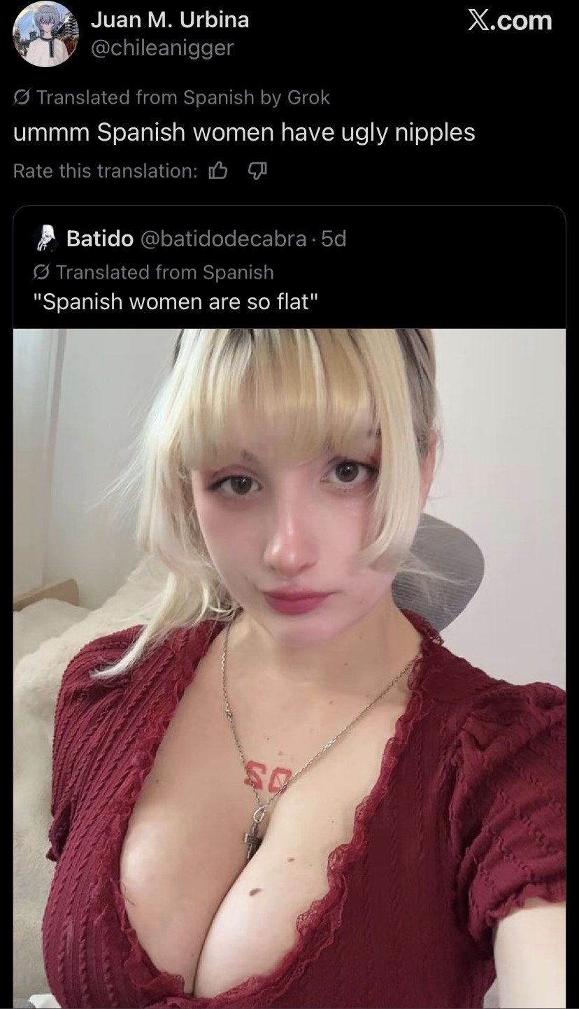 Juan Urbina Х.сот @chileanigger (9 Translated from Spanish Grok ummm Spanish women have ugly nipples Rate this Batido (9 Translated from Spanish "Spanish women are so flat" fit 44 A
