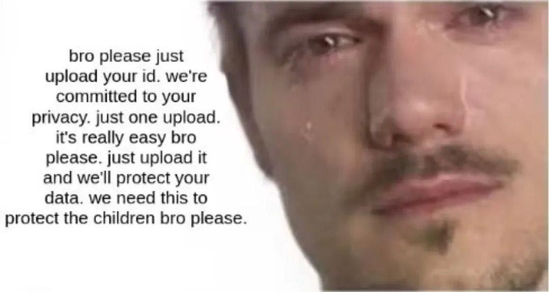bro please just upload your we're committed to your privacy. just one upload. it's really easy bro please. just upload it and we'll protect your data. we need this to protect the children bro please