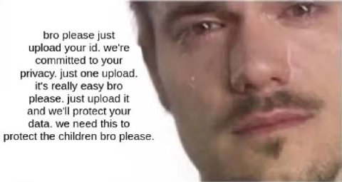 bro please just upload your we're committed to your privacy. just one upload. it's really easy bro please. just upload it and we'll protect your data. we need this to protect the children bro please