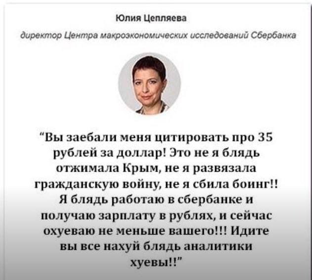 Юлия Цепляева директор Центра макроэкономических исследований Сбербанка “Вы заебали меня цитировать про 35 рублей за доллар! Это не я блядь отжимала Крым, нея развязала гражданскую войну, сбила боинг!