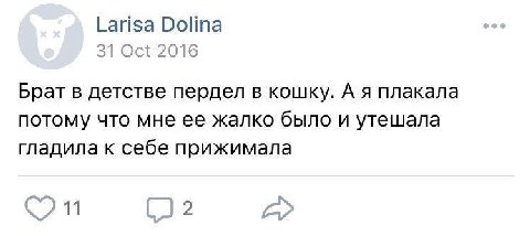 Larisa Dolina 31 Oct 2016 Брат в детстве пердел в кошку. A я плакала потому что мне ее жалко было и утешала гладила к себе прижимала