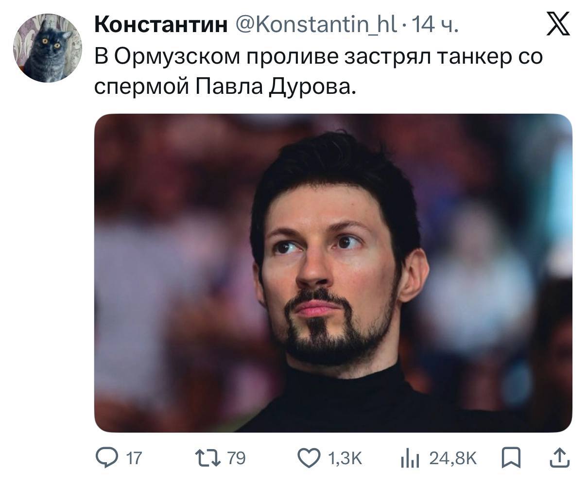 Константин @Копз{ап 14 В В Ормузском проливе застрял танкер спермой Павла Дурова. 79 От С 1,3к 24,8к