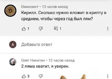 Оимкоинт 13 часов назад Кирилл. Сколько нужно вложит в крипту в среднем, чтобы через год был лям? 1 Добавьте ответ Олег Никитин 12 часов назад 2 ляма хватит, я уверен. a A