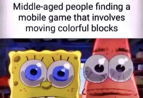 Middle-aged people finding a mobile game that involves moving colorful blocks