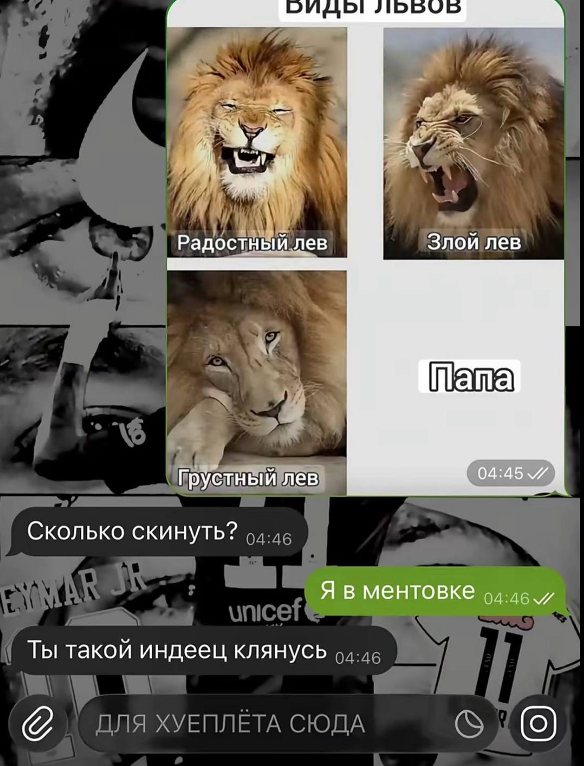 a. Радостный лев Злой лев Грустный лев 04:45 Сколько скинуть? Я в ментовке Ты такой индеец клянусь