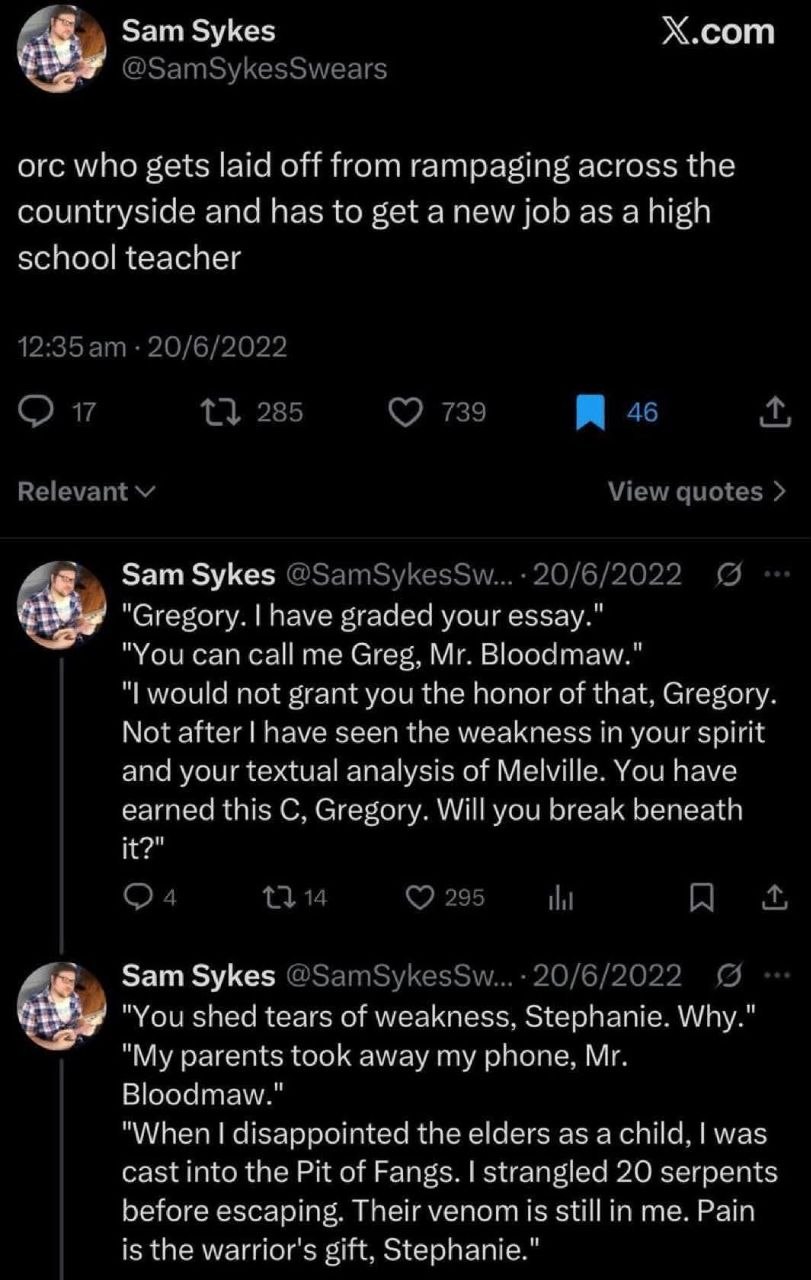 Sam Sykes Х.сот у у orc who gets laid off from rampaging across the countryside and has to get anew job as a high school teacher Sam Sykes 1. в “Gregory. graded your essay." "You can call me Greg, not