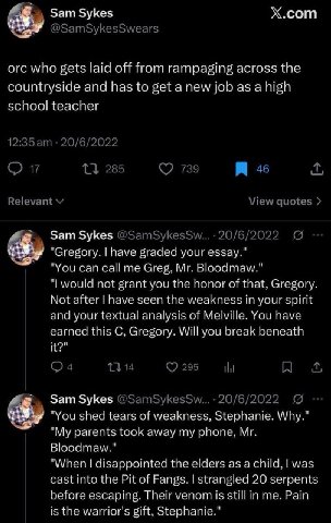 Sam Sykes Х.сот у у orc who gets laid off from rampaging across the countryside and has to get anew job as a high school teacher Sam Sykes 1. в “Gregory. graded your essay." "You can call me Greg, not
