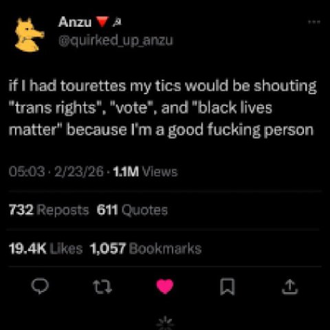 Anzu up anzu if tourettes my tics would be shouting "trans rights", "vote", and "black lives matter" because a good fucking person 05:03 2/23/26 Views 732 Reposts 611 Quotes Likes 1,057 Bookmarks
