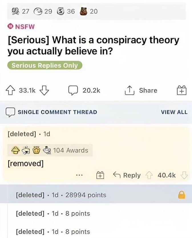 62 27 329 №20 NSFW [Serious] What is a conspiracy theory you actually believe in? 4> 2 20.2К Share (2 SINGLE COMMENT THREAD VIEW ALL [deleted] <3 104 Awards [removed] Веру [deleted] 28994 points [dele